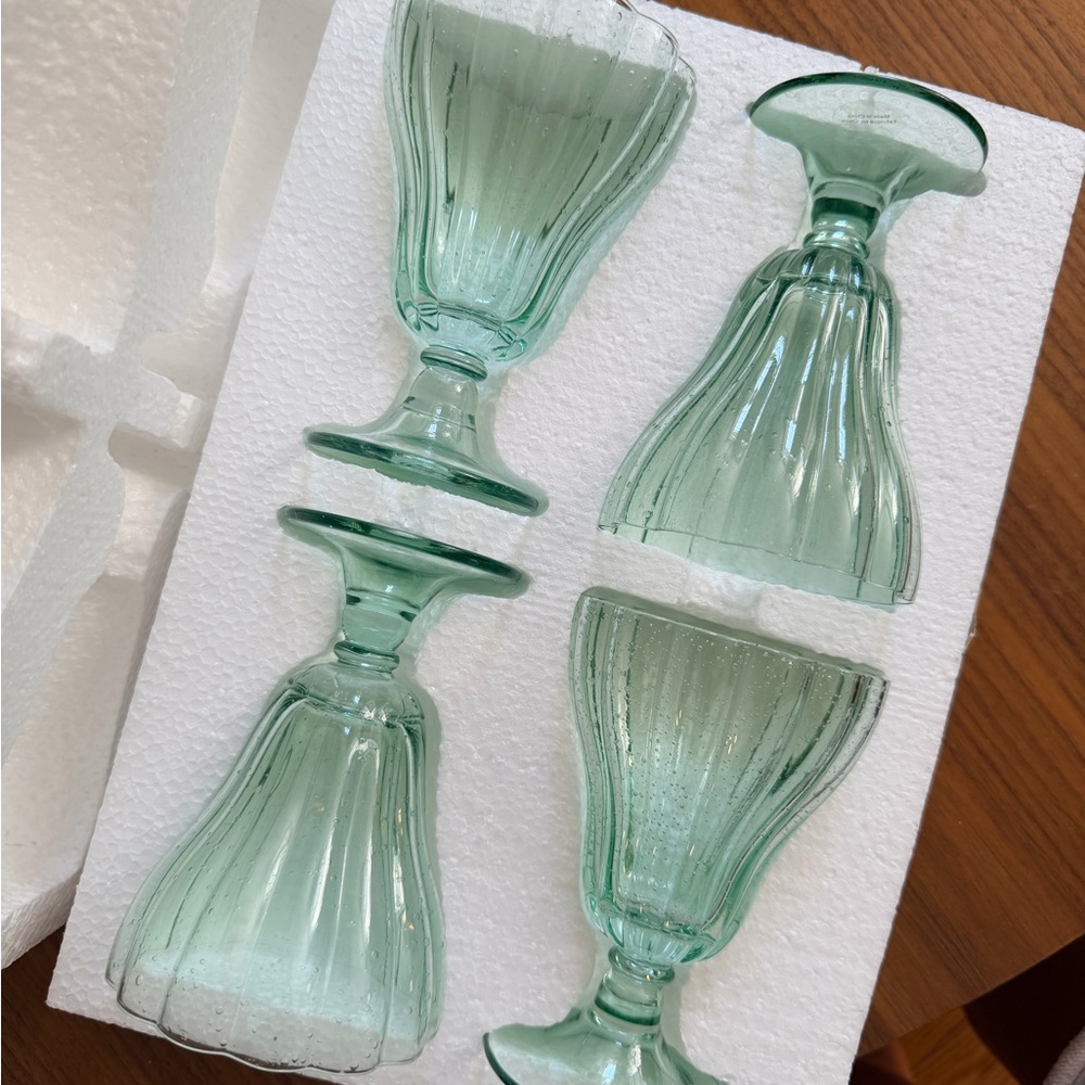 Set of 16- Anthropologie Seafoam Green Ribbed Glass Goblets